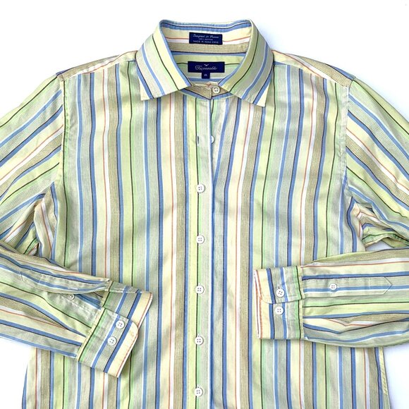 Women’s Faconnable 100% Cotton Button Up Blouse Striped Green, Small - Picture 1 of 6